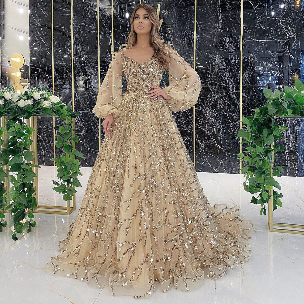 2025 Cross-Border New Golden Heavy Industry Beaded Luxury Evening Dress Sexy Socialite Aura Queen Long Dress Dq7109