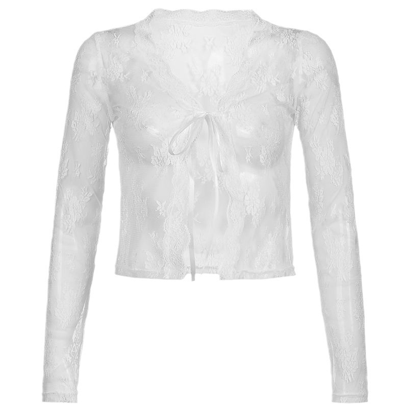 Picture of Cross-border Foreign Trade Sexy Spice Girl Lace Perspective Small Cardigan Women's Pure Desire Wind Lace-up Long Sleeve Sun Protection Cardigan Top