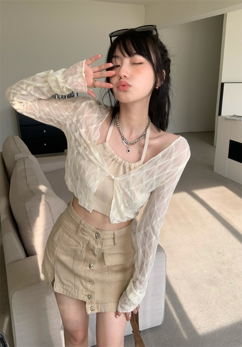 Picture of American-style sweet and spicy mesh shirt women's summer new outer cardigan thin pure style slim-fit short long-sleeved top