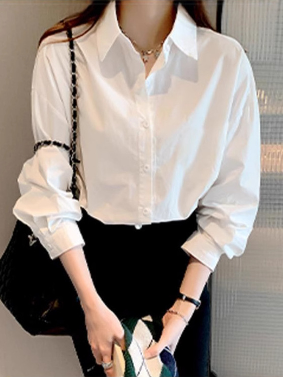 Uniform Shirt Basic Long-Sleeved White Shirt for Women New Versatile Basic Work Clothes with Retro Shirt for Women