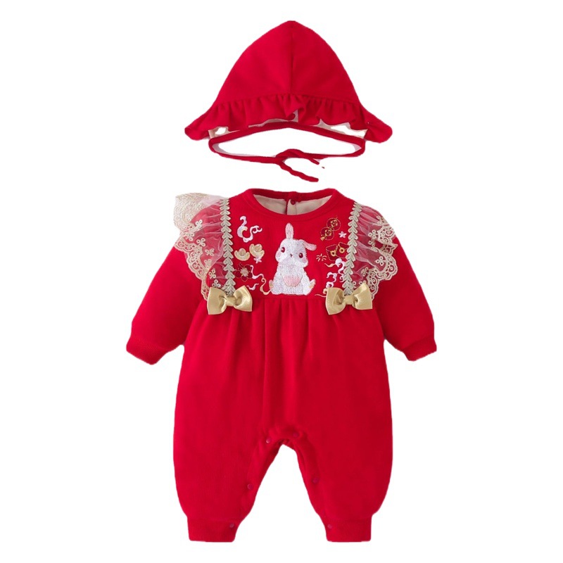 Girls Red Velvet One-Year-Old Jumpsuit Baby Autum Outing Bodysuit Full Moon Hundred Days Romper Knitted
