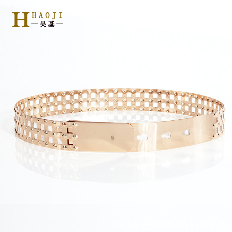 Wholesale European and American accessories punk rivet full metal cassette ladies decorative belt gold dress wide belt