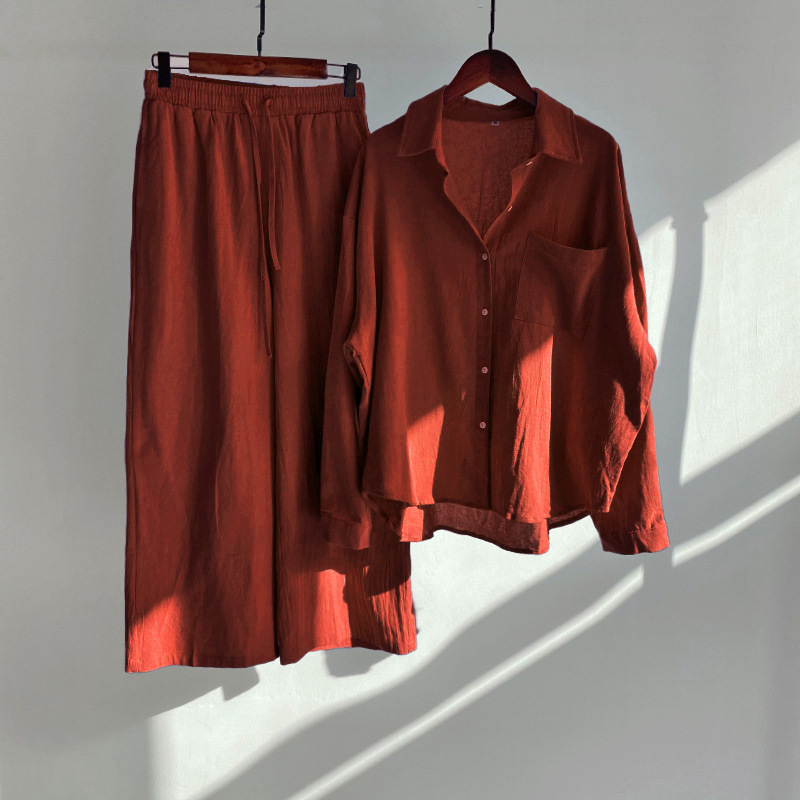 Picture of Cross-border Amazon Women's 2-piece Vintage Plus Size 2022 Cotton and Linen Shirt Set High Waist Loose Trousers