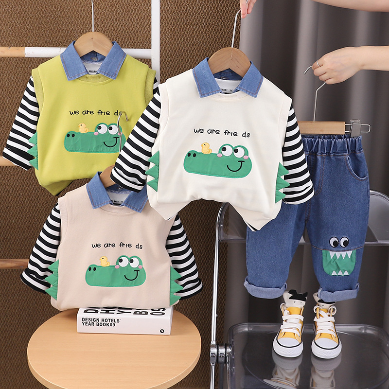 Baby's Autumn suit Boys New Children's Spring and Autumn Western Style Autumn Dinosaur Vest Casual Three-piece Set Direct Selling