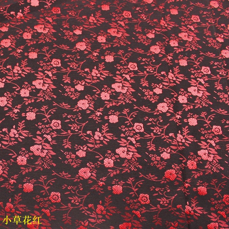 Picture of Black Background with Small Red Flowers Jacquard Fabric, Black Rayon Small Flower Shoes, Hats, Bags, Clothing Fabric, Jacquard Fabric