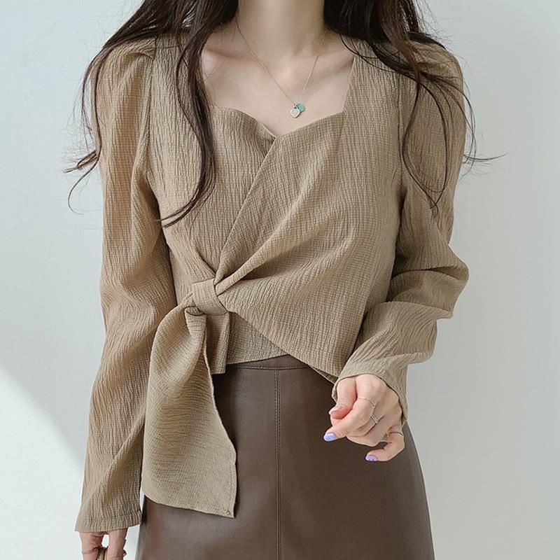 Picture of Korean chic Autumn Vintage Slimming Square Collar Irregular Lace-up Irregular Design Loose Long Sleeve Shirt Top