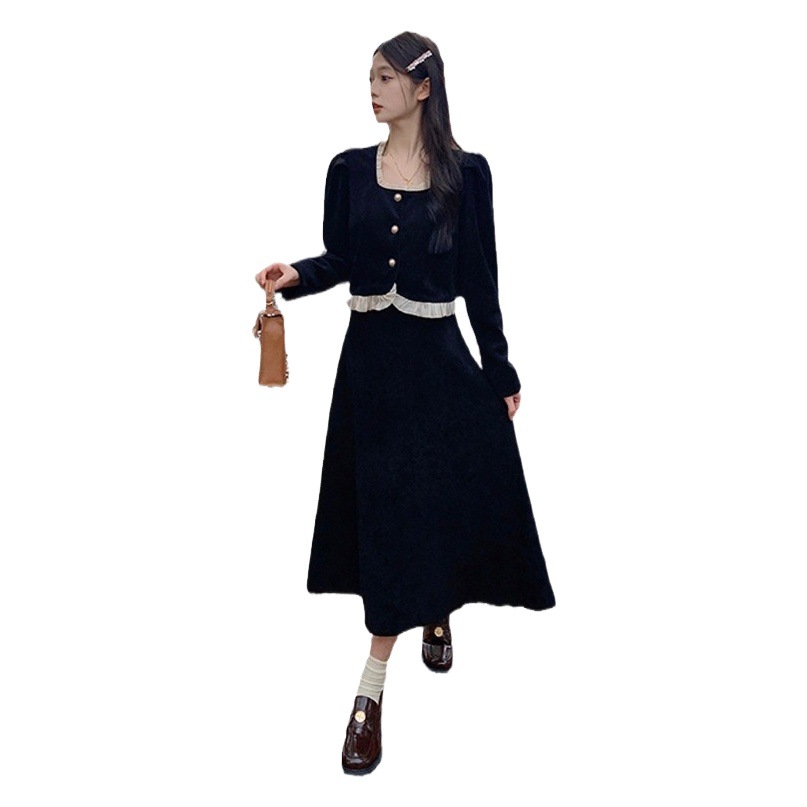 Skirt suit 2023 new corduroy fleece-lined Chanel style elegant wooden ear Top Coat + high waist skirt