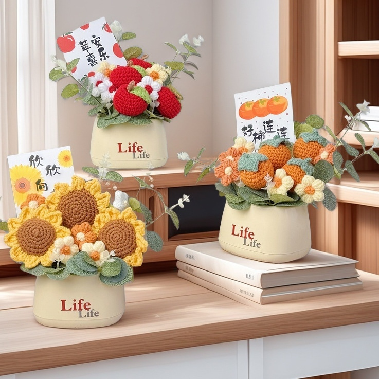 Picture of Creative bouquet knitted flowers diy material hand-woven potted finished desktop ornaments send goddess send mother