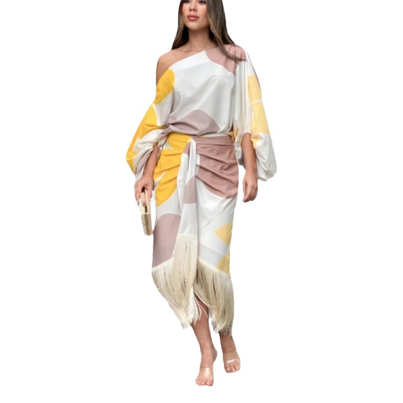 European and American Women's Two-Piece Yellow and White Printed Lantern Sleeve Elegant Women's Top Tassel Design Hem Women's Skirt