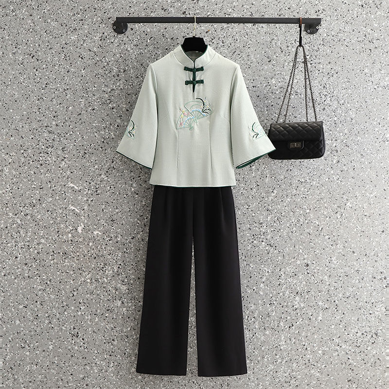 Picture of Republic of China Style Vertical Collar plus size Slimming Tang Suit Chinese Embroidery Retro Elegant suit Wide Leg Pants Two-Piece Set for Summer