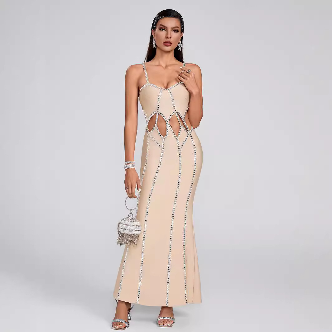 Bandage Dress Fashion Set Vertical Diamond Strap Bandage Skirt Sexy V-Neck Backless Waist Hollow Design Long Skirt