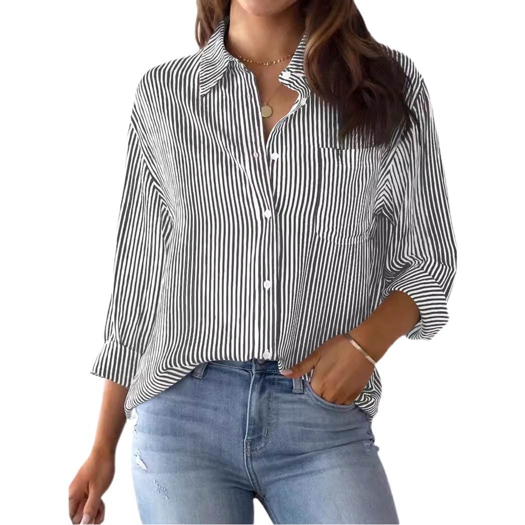 Women's Button-Up Shirt Striped Classic Long Sleeve Collar Office Work Shirt Top with Pocket