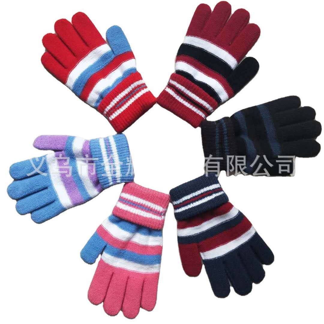 Knitted student five-finger plus velvet magic thread woven warm gloves wool multi-color gloves three-color full-finger