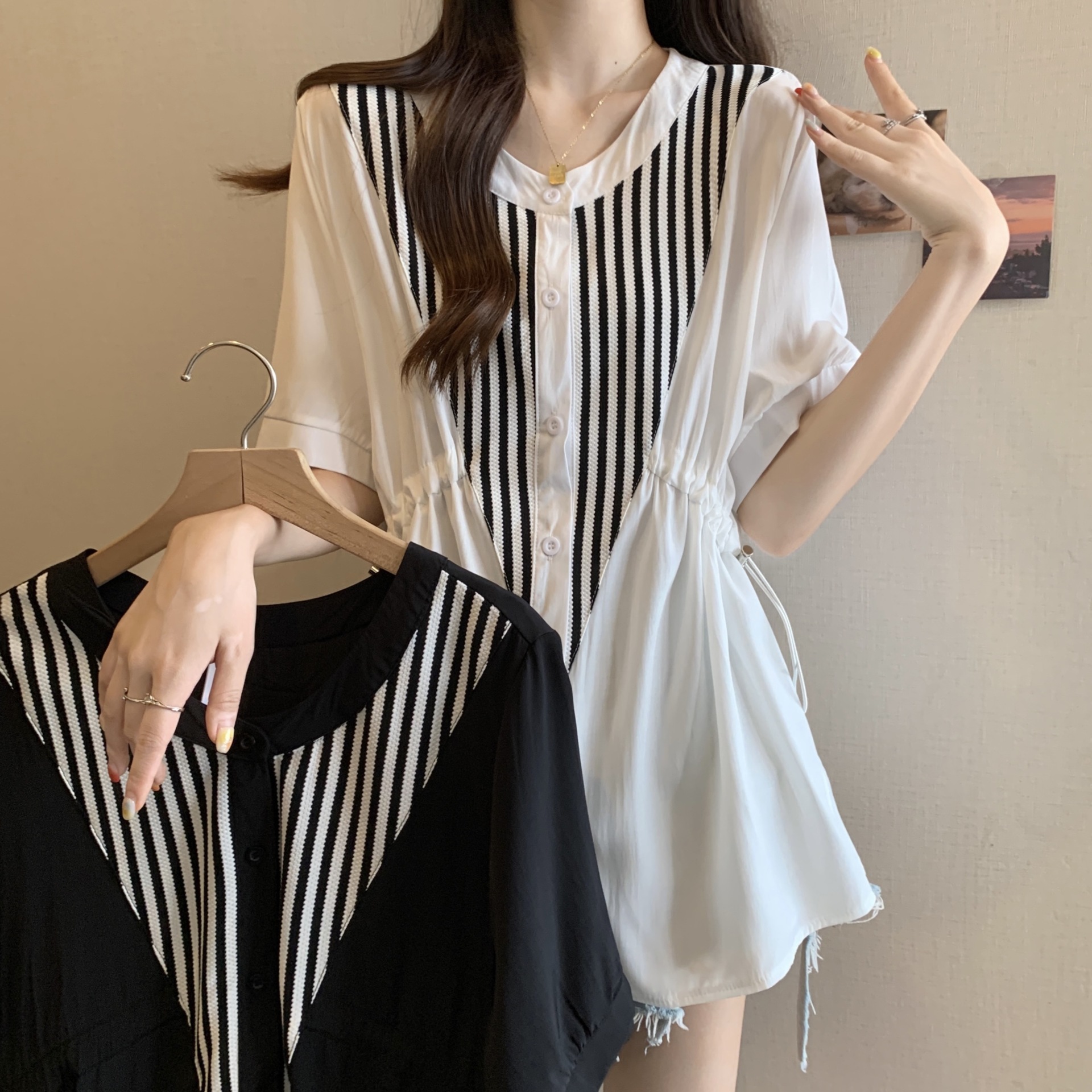 Real Shot plus size Women's Summer Loose Round Neck Age-reducing Slimming Flesh Covering Striped Stitching Shirt Short Sleeve Women
