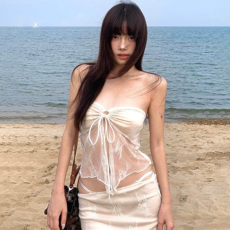 Thailand Niche High-end Lace Tube Top Split Bikini Island Vacation Sexy Slimming Long Dress Hot Spring Swimsuit