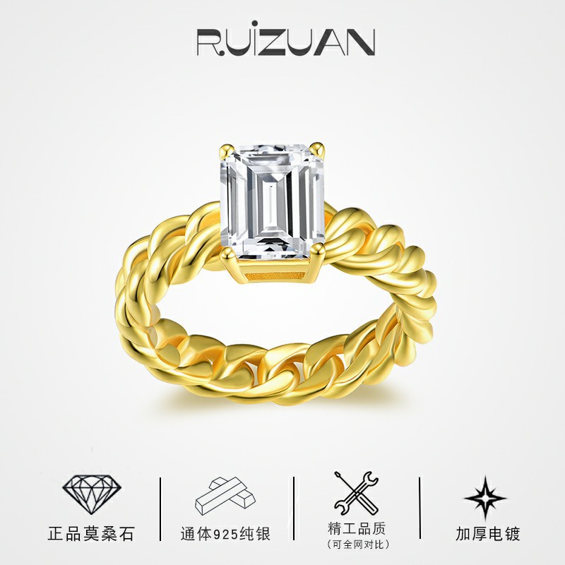 Diamond Jewelry New Woven Emerald Cut Moissanite 3 karat Women's Fashion Ring 925 Sterling Silver Gold Plated