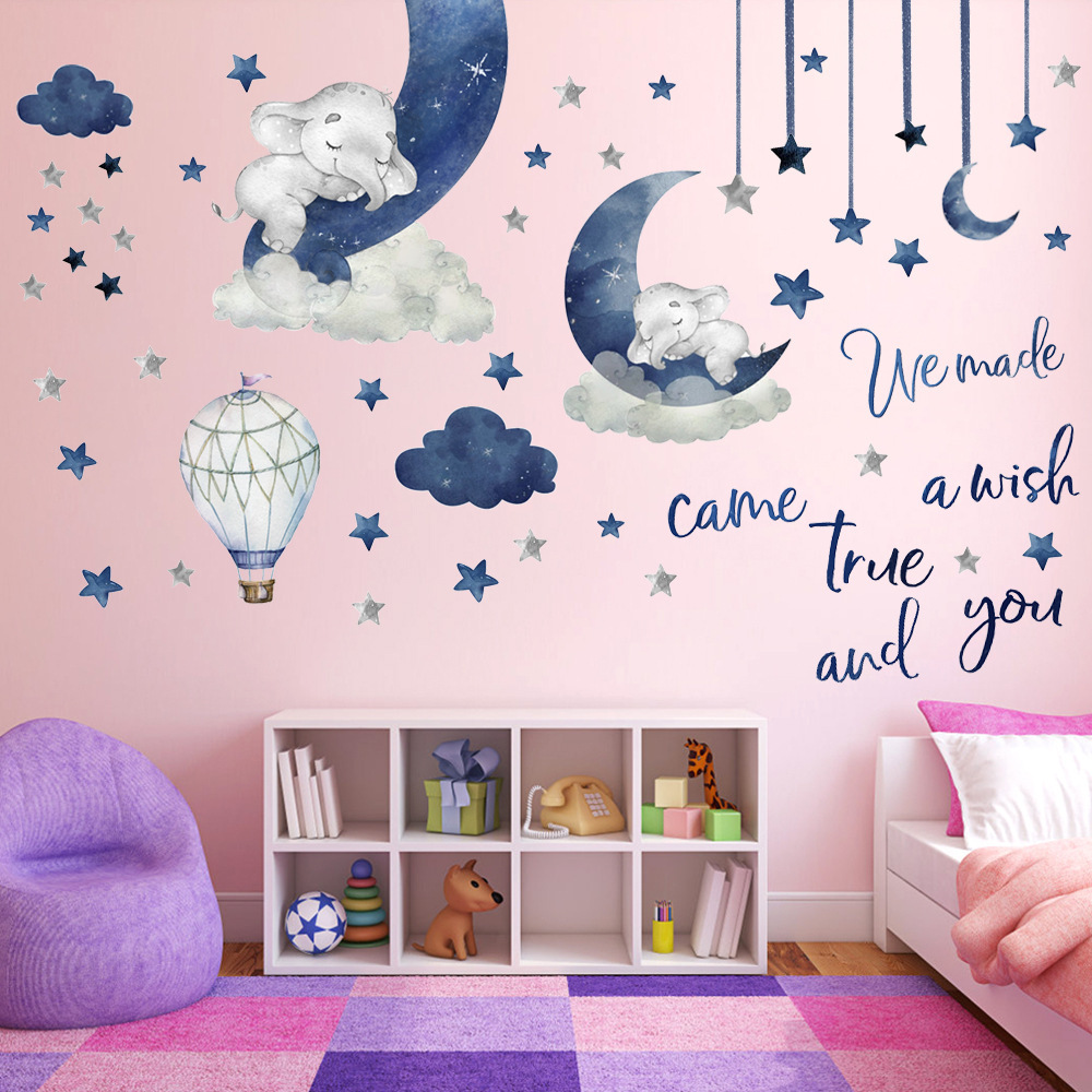 Factory New Cross-border Blue Cartoon Baby Elephant Moon Wall Stickers Living Room Children's Bedroom Removable Sticker R-68