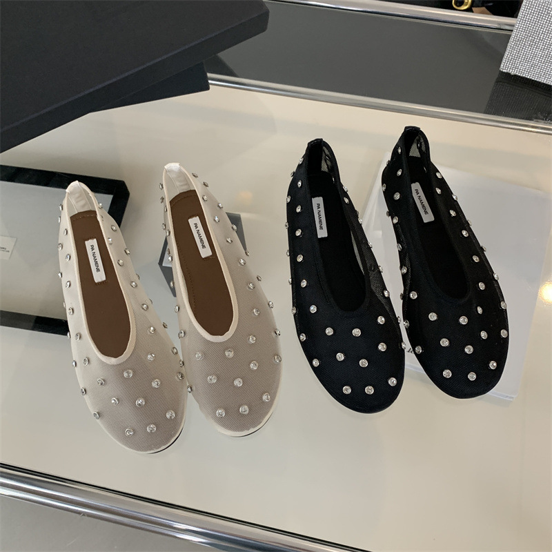 2025 Spring New Fashionable Round Head Rhinestone Mary Jane Shoes Korean Style Single Shoes Women's Flat Shoes Breathable Mesh