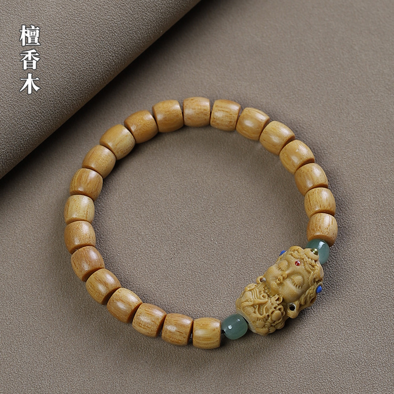 Old Mountain Sandalwood Straight-cut Bead Bracelet with Hetian Jade Carving Mother Single Circle for Men and Women