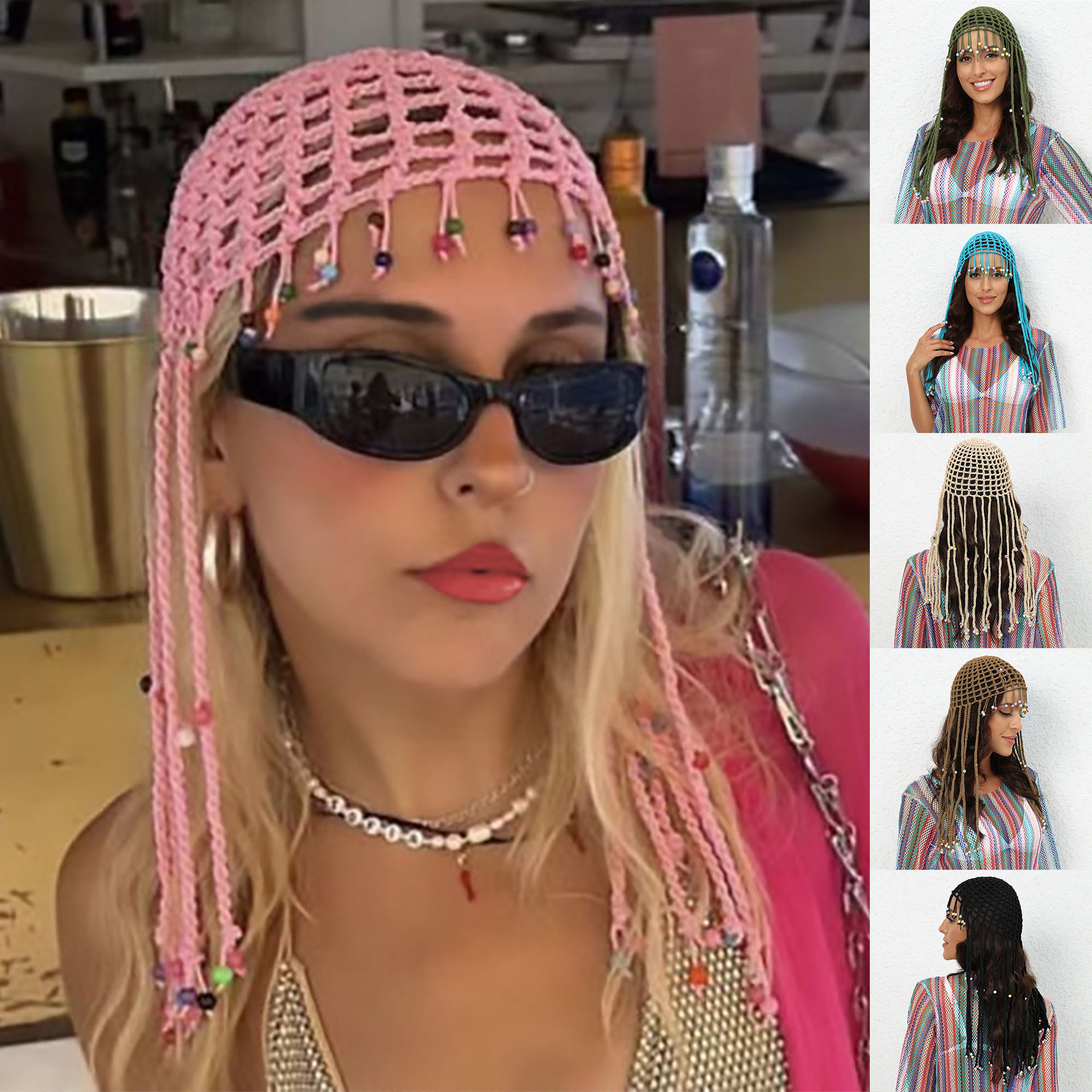 Women's hat European and American cross-border jewelry pure hand hook woven hollow ethnic style tassel beach hat A191267