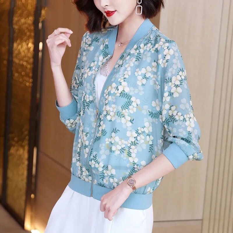 Picture of Chiffon thin air conditioning sun protection coat women's Korean-style long-sleeved zipper baseball uniform printed loose short coat