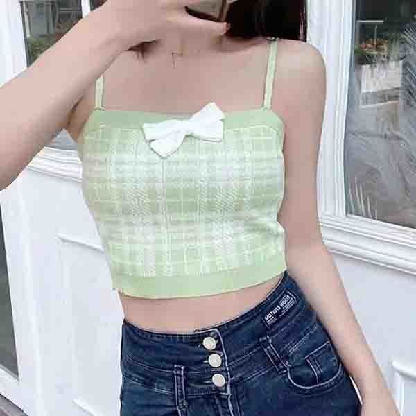 Picture of Princess Bow Plaid Small Camisole Women's 2023 Summer New Sweet Pure Desire Bottoming Top