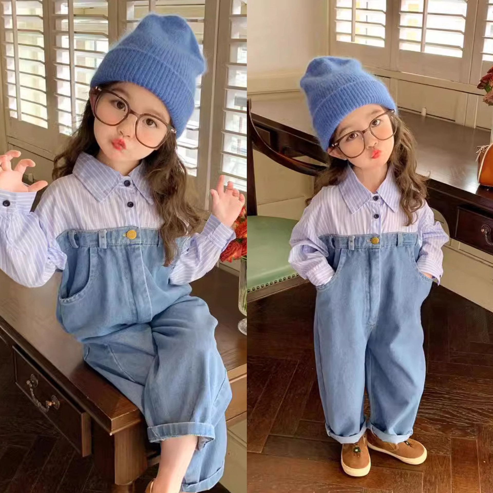 Girls' Denim jumpsuit spring new casual striped shirt stitching jumpsuit for children one-piece delivery