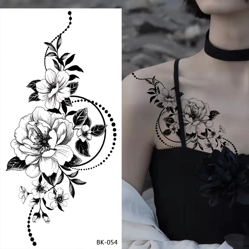 Picture of Cross-Border Supply of Sketch Flower Tattoo Stickers, Sketch Tattoo Stickers, Rose Flower Black and White Flower Tattoo