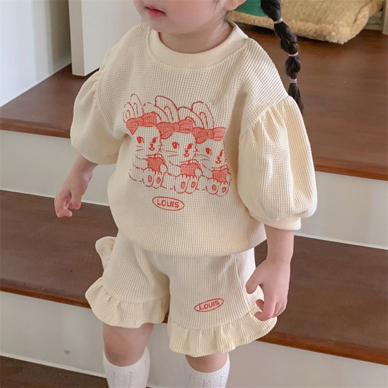 Girls Baby Ins Korean Style Summer New suit Cute Rabbit Puff Sleeve T-Shirt Philippine Side Shorts Two-Piece Set