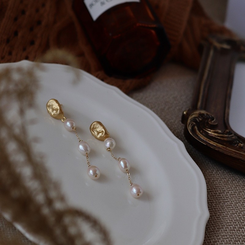 14K Pack Gold Long Tianshuanshui Ran Water Drops Pearl Ear Line Elegant Eardrop 925 Silver Needle Exaggerated Pod Earrings for Women