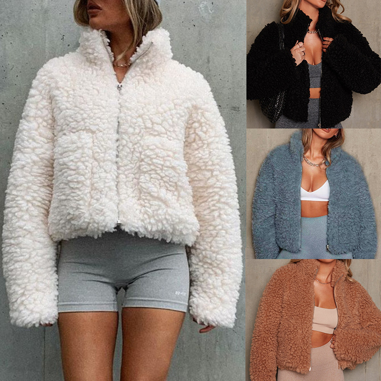 2023 autumn and winter Europe and the United States cross-border women's clothing Amazon new plush cardigan short jacket lambswool coat women