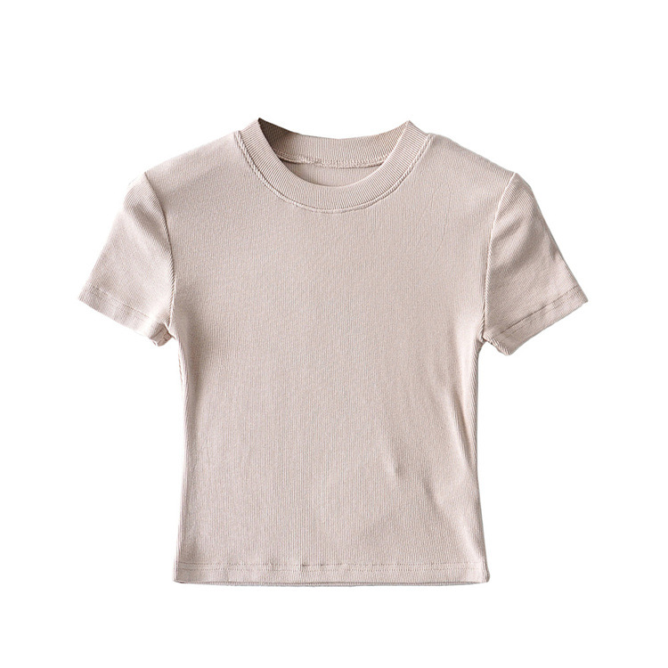 Picture of YPFF new summer color slim-fit short-sleeved round neck bag chest T-shirt sports fitness solid color short navel top