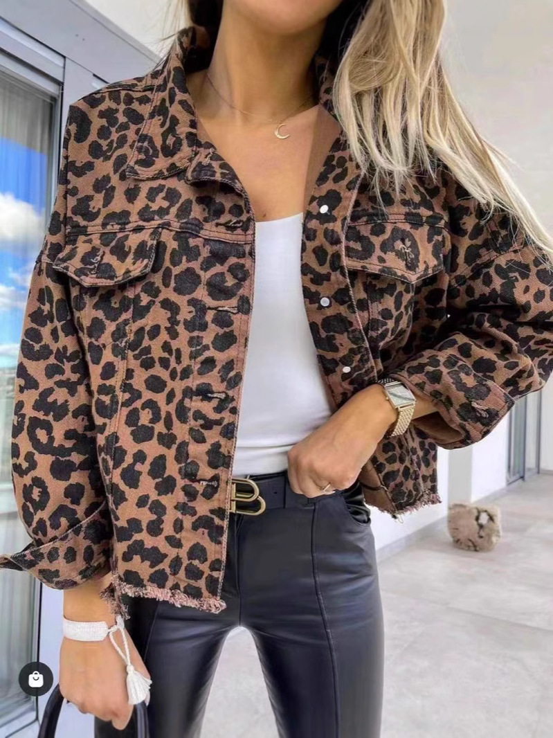 Ebay European and American AliExpress Amazon Women's New 2025 Spring and Autumn Leopard Print Denim Jacket Coat