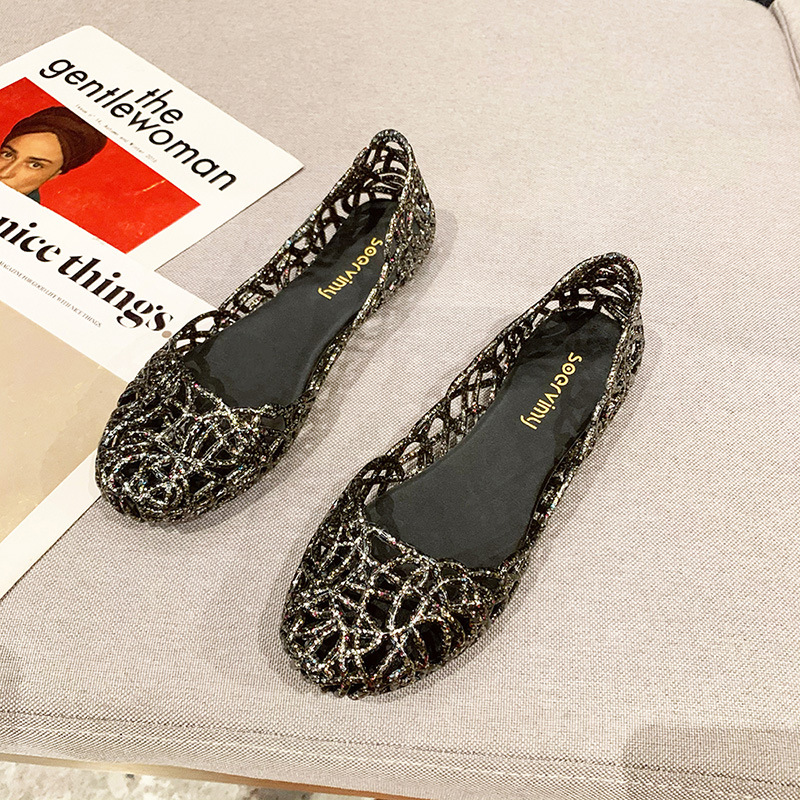 Picture of Hollow closed toe sandals summer shiny crystal dance shoes jelly shoes flat soft bottom hole beach shoes women Wholesale