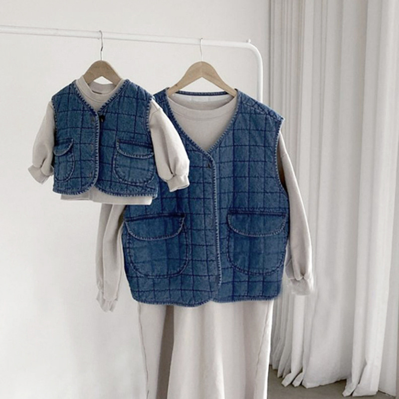 Picture of Children's Korean-style winter casual jacket for boys and girls vintage washed distressed quilted plaid baby Denim vest