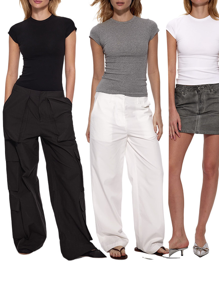 Picture of Spot Basic Elastic Modal Right Shoulder Women's Slim Sports Top American Sexy Hourglass Waist Short-Sleeved T-Shirt