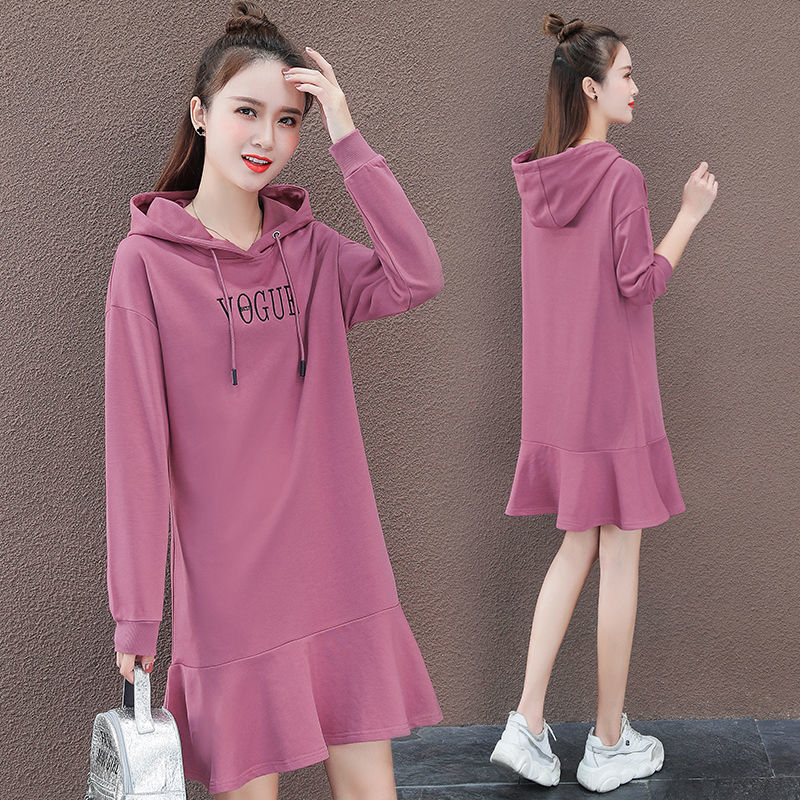 2020 Autumn and Winter New Long Sleeve Loose Large Size Fashion Dress Mid-length Women's Fishtail Hooded Sweater Dress Trendy