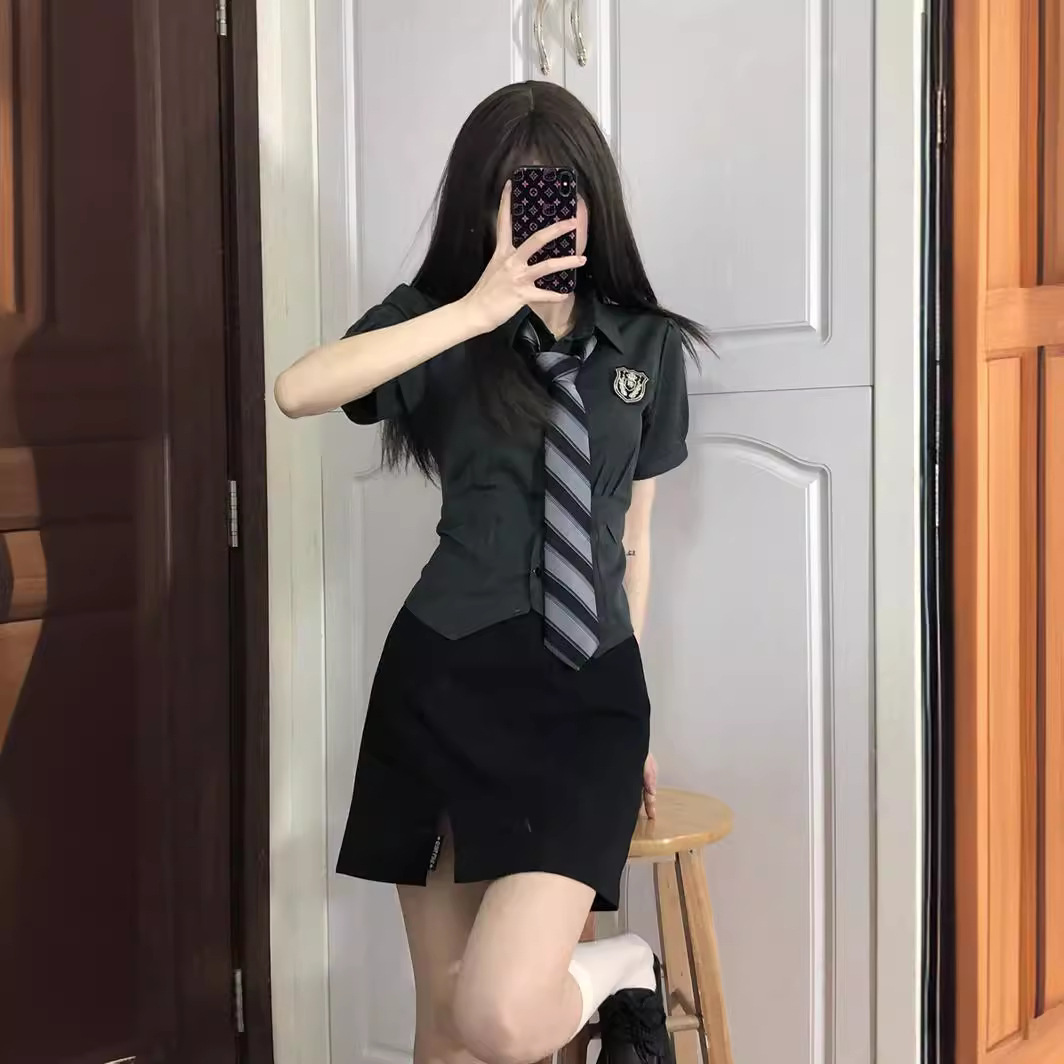 Pure want elastic waist jk shirt suit pleated v hem slim slimming hot girl short sleeve gray shirt for women