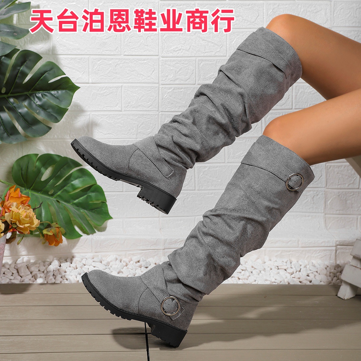 Picture of 2025 Foreign Trade European and American Fashion Autumn/Winter New In-Stock Low Heel Pleated Women's Leather Boots, Western Denim Mid-Calf Women's Boots