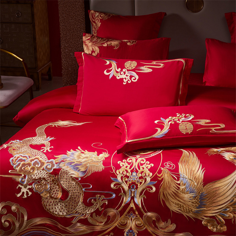 Picture of High-End 120S Pure Cotton Long-Staple Cotton Wedding Four-Piece Set New Chinese Style Dragon and Phoenix Embroidery Wedding Red Bedding