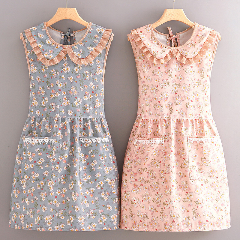 Canvas Floral Doll Collar Waistle Apron Household Kitchen Cleaning Anti-fouling Waist Overalls for Adults