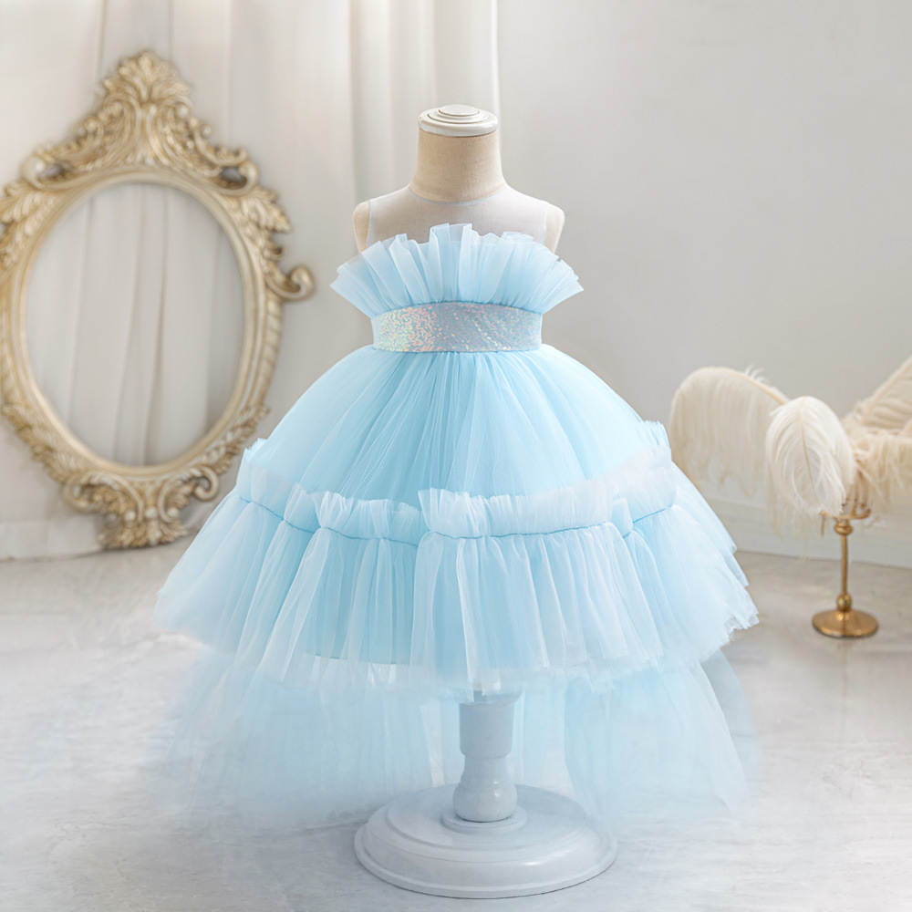 Picture of New One-year-old Dress Short-sleeved Pleated Mesh Lace Trailing Princess Dress Ponked Yarn Flower Children's Wedding Dress
