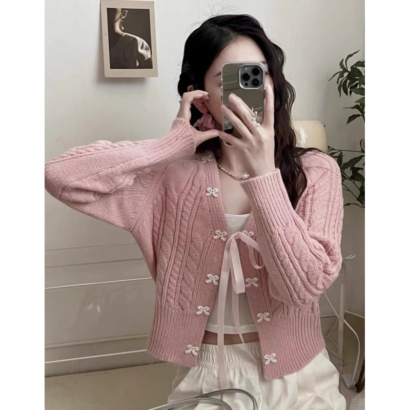 Korean Style Small Fresh Bow Knitted Cardigan for Women 2024 Autumn New Retro Design Sweater Jacket Top