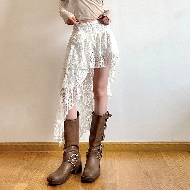 White Asymmetrical Hem Lace Skirt Women's Summer Cake Skirt High Waist Skirt Artistic Skirt Mid-Length Skirt