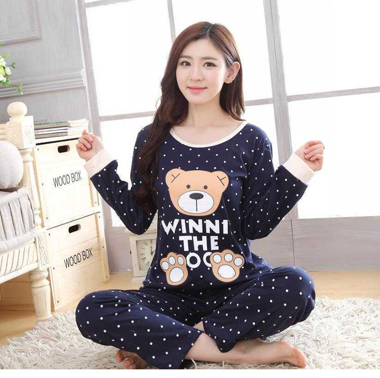 Spring and Autumn New Cartoon Cute Pajamas Women's Long Sleeve Purple Blue Bear Spring and Summer Thin Milk Silk Home Suit
