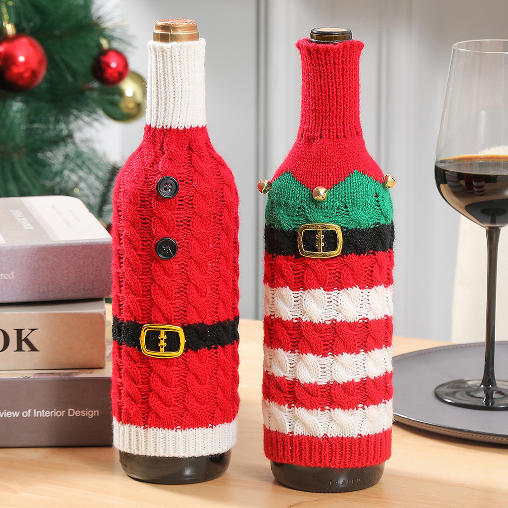 2024 New Wine Bottle Set Christmas Creative Decoration Supplies Striped Knitted Kitchen Restaurant Red Wine Bottle Dress up