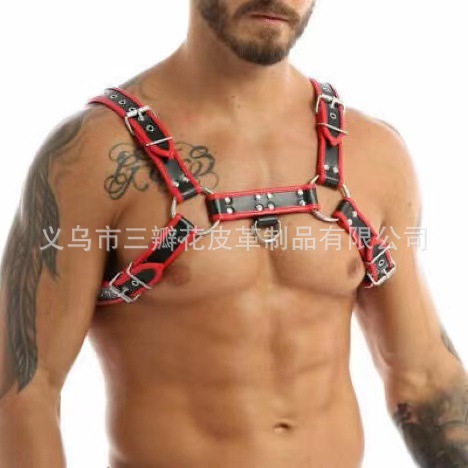 Factory spot wholesale Amazon dedicated to red leather with air holes double rings double shoulder chest strap men's restraint clothes