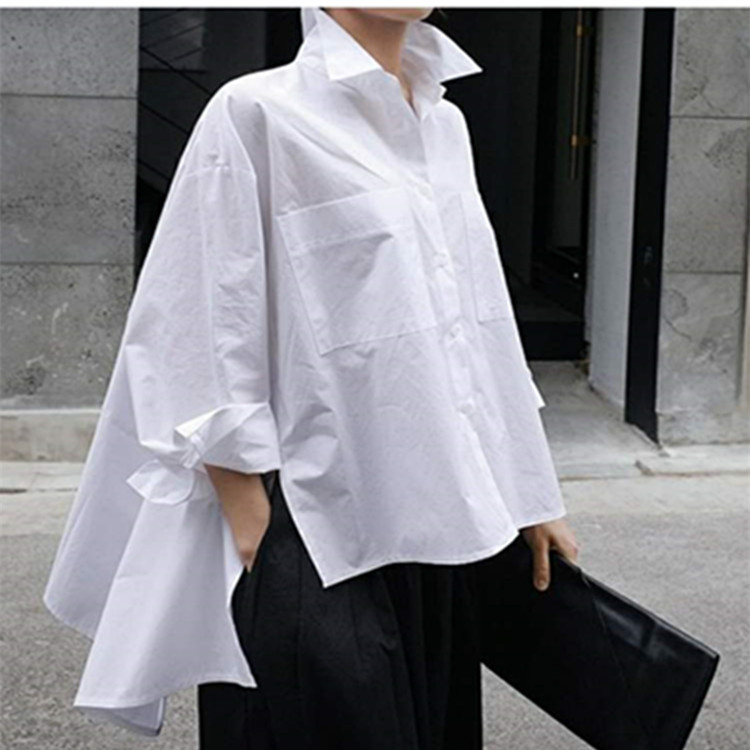 Spring and Autumn New White Shirt Women's Korean-style Loose Large Size Cape Canopy Long-sleeved Irregular Shirt Fashionable Top