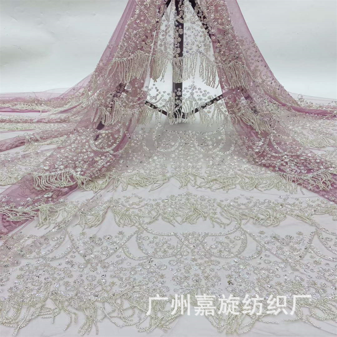 European and American Heavy Industry Tassel Beads Embroidered Wedding Fabric African Sequins Beaded Dress Dress Lace JX4197