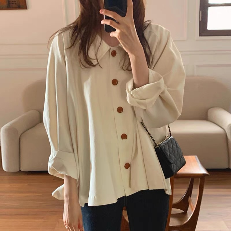 Picture of South Korea chic Spring and Autumn French simple lapel oversize loose casual solid color all-match long sleeve shirt top